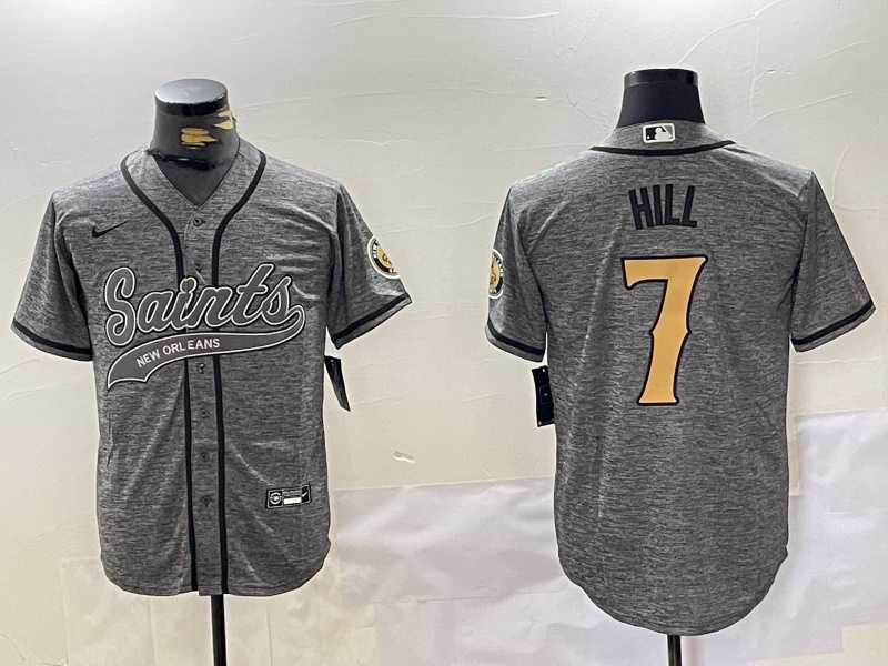 Mens New Orleans Saints #7 Taysom Hill Grey With Patch Cool Base Stitched Baseball Jersey